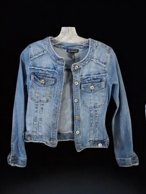 Inc Denim Button-Up Jacket Women's Size Small Fringe Cool Fun distressed